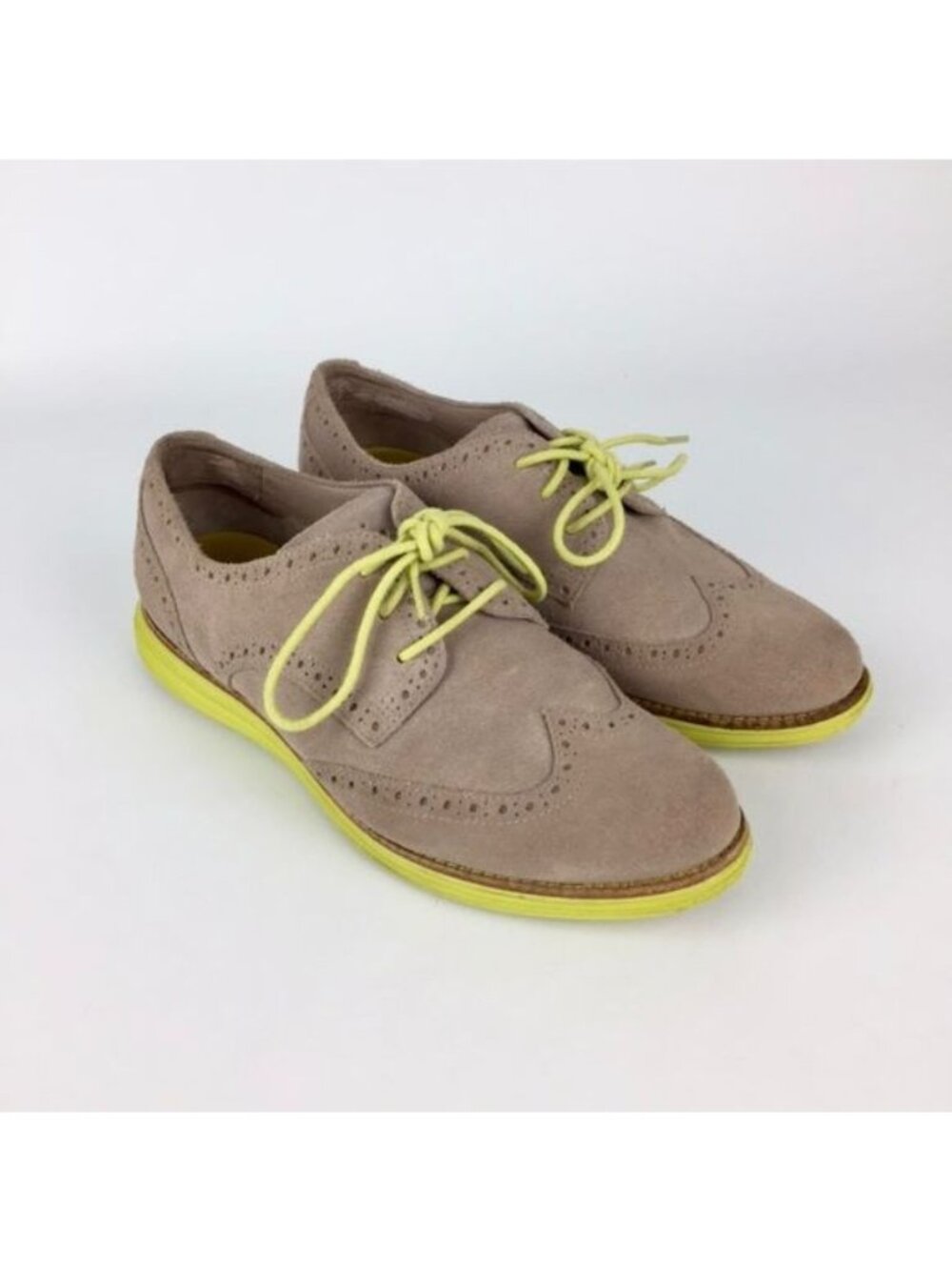 Cole Haan Womens LunarGrand Tan Suede Wingtip Oxford Shoes Lime Yellow size 7.5